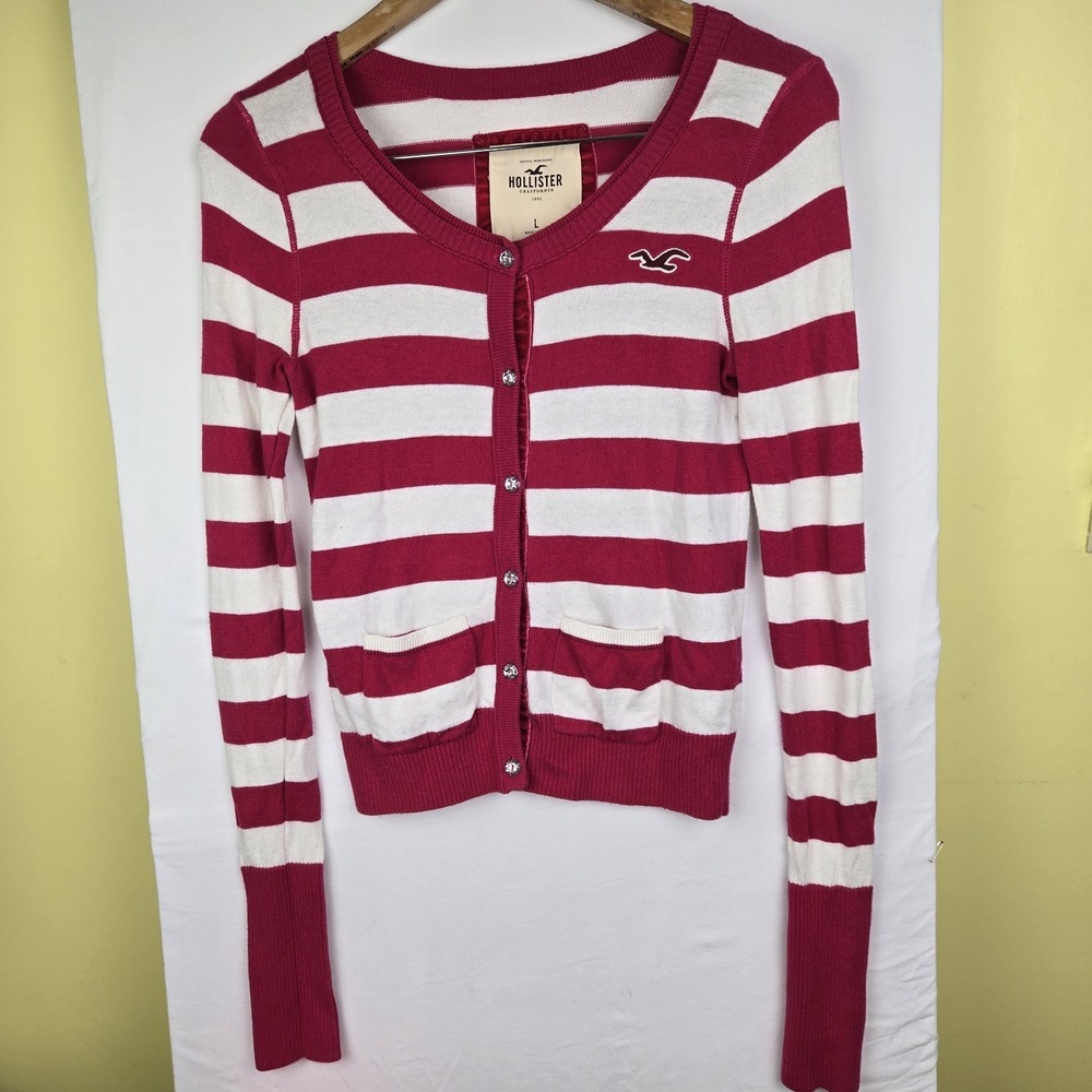Y2K Hollister Womens Large Striped Cardigan Sweater Knit Button Up